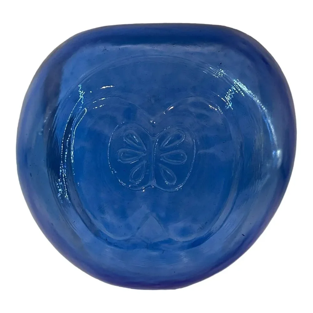 Apple Shaped Blue Art Glass Bowl Fruit Dish Imprinted Core Cottagecore Vintage